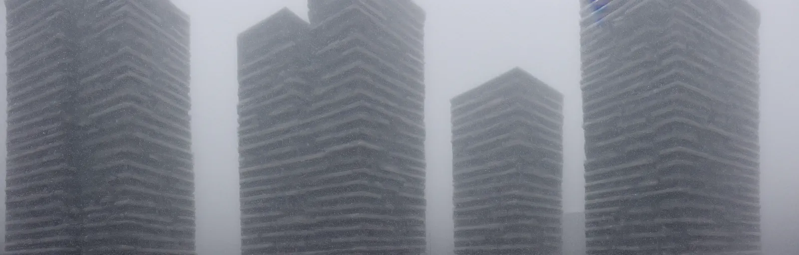 Image similar to snow falling on complex, geometric brutalist high rise buildings designed by lebbeus woods, fragmented architecture, diagonal shapes, complex ramps, balconies, stairways, sharp focus, clear focus, beautiful, award winning architecture, le corbusier, frank lloyd wright, snow, fog, mist, hopeful, quiet, calm, serene