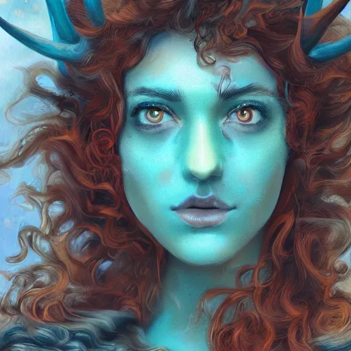 Image similar to beautiful digital painting of a beautiful young woman with teal skin and antlers made of wood on her head, brown curly hair with orange oak leaves, heart shaped face, D&D, fantasy, intricate, beautiful eyes, cinematic lighting, highly detailed, digital painting, Artstation, concept art, smooth, sharp focus, illustration, art by Artgerm and Greg Rutkowski, Alphonse Mucha and Rossdraws