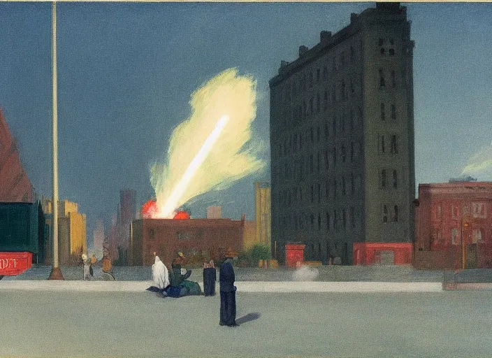 Prompt: crowd of tired working citizens carrying their daily routines on the backdrop of missiles exploding residential buildings, DSLR 35mm, by Edward Hopper