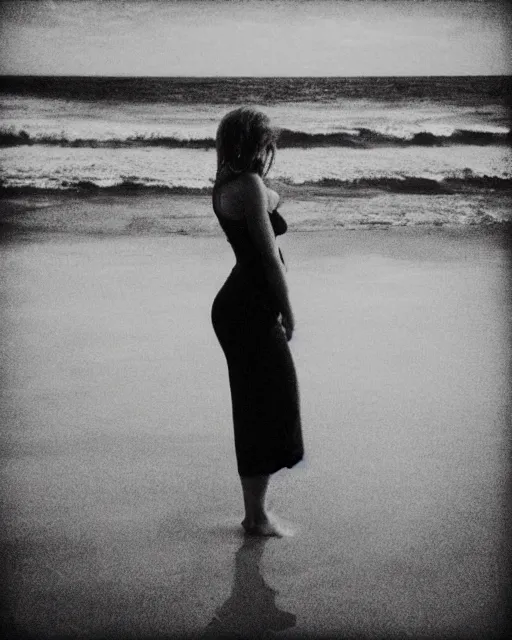 Image similar to “a black and white photograph of a woman on the beach, realistic, vintage, antiqued look, grainy film”