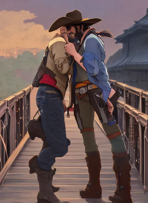 Prompt: mccree kissing hanzo on a bridge in the rain, path traced, highly detailed, high quality, digital painting, by studio ghibli and alphonse mucha, leesha hannigan, makoto shinkai, disney