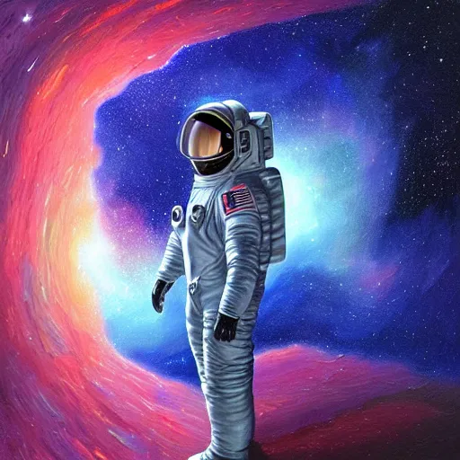 Image similar to astronaut standing infront of a nebula, illustration painting, oil on canvas, intricate, portrait, detailed illustration, hd, digital art, overdetailed art, concept art, complementing colors, detailed, illustration painting by alex gray, digital art, overdetailed art, concept art, complementing colors rendered by beeple, syd meade