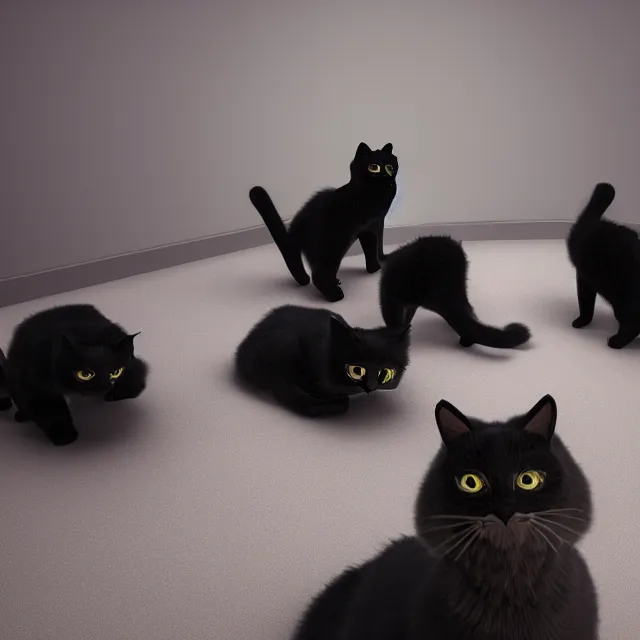 Prompt: cats in a business meeting, dark cinematic, volumetric, realistic, cinematic lighting, ray tracing, unreal engine 5, unreal engine render, octane render, hyper realistic, photo, 8 k