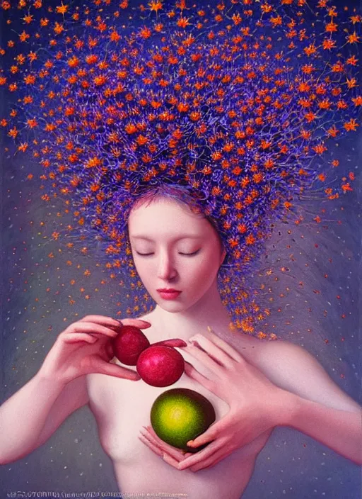 Image similar to hyper detailed 3d render like a Oil painting - Aurora (Singer) Eats of the Strangling Fruit and Her gossamer polyp blossoms bring iridescent fungal flowers whose spores black the foolish stars by Jacek Yerka, Mariusz Lewandowski, Houdini algorithmic generative render, Abstract brush strokes, Masterpiece, Edward Hopper and James Gilleard, Zdzislaw Beksinski, Mark Ryden, Wolfgang Lettl, hints of Yayoi Kasuma, octane render, 8k