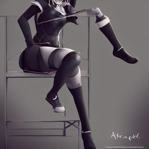 Image similar to a girl inspired from 2b from nier automata, sitting on a chair, 4k ultra realistic, trending on artstation concept, professional art