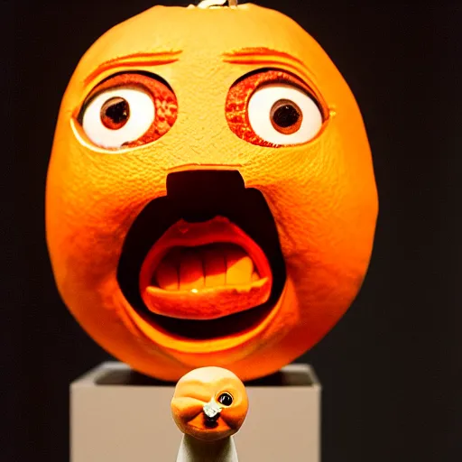 Image similar to a taxidermized annoying orange, in a museum, 8 5 mm lens, 7 0 mm entrance pupil diameter