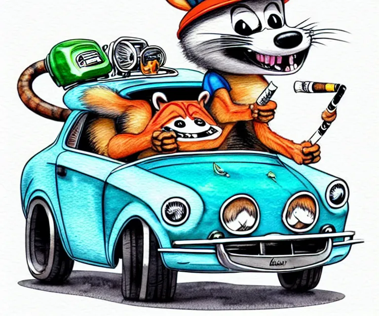 Prompt: cute and funny, racoon with a cigarette in mouth wearing a helmet riding in a tiny hot rod coupe with oversized engine, ratfink style by ed roth, centered award winning watercolor pen illustration, isometric illustration by chihiro iwasaki, edited by range murata