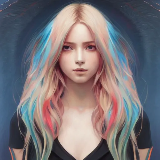 Image similar to portrait of beautiful symmetrical anime girl, rainbow hair, attractive, casual, modern, victoria's secret, highly detailed, digital painting, artstation, concept art, smooth, sharp focus, illustration, art by artgerm, greg rutkowski and alphonse mucha, 8 k,