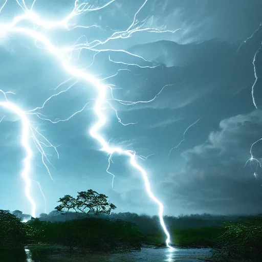 Prompt: dna shaped lightning striking the amazon rainforest from the dark clouds above, ultra detailed, octane render, 5 0 mm, dramatic lighting,