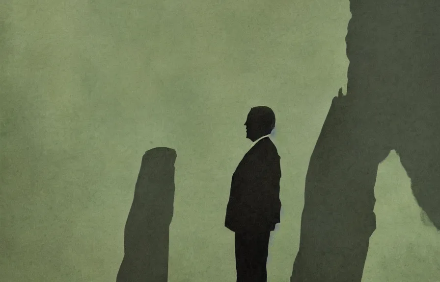 Prompt: Joe Biden casts a long shadow, by Greg Rutkowski and Dave McKean green color palette