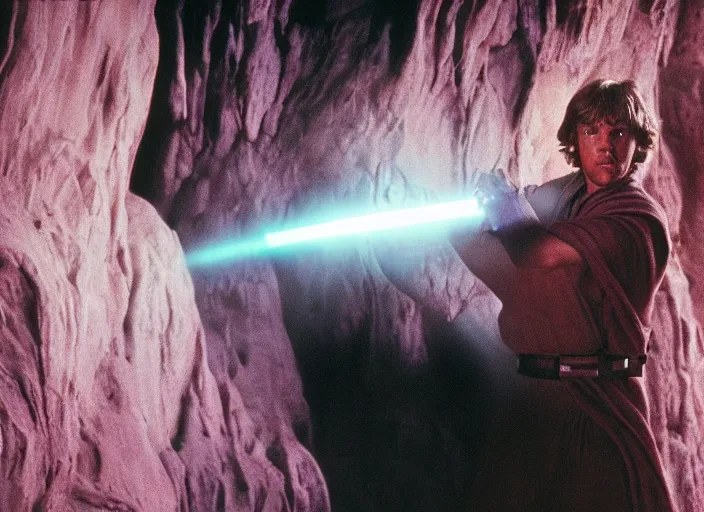 Image similar to detailed photo of Luke skywalker uncovering the secrets of the ancient jedi texts. a dark pink hazy ethereal cave from Indiana jones, screenshot from the 1983 film, Photographed with Leica Summilux-M 24 mm lens, ISO 100, f/8, Portra 400