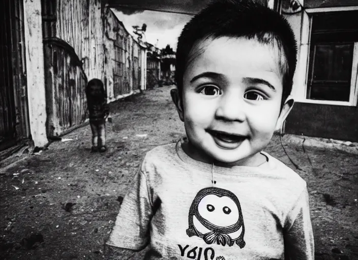 Image similar to professional fine detailed photo portrait of young minion from makhachkala, dagestan. kid minion in the postsoviet suburbia, iphone photo, instagram, black and white