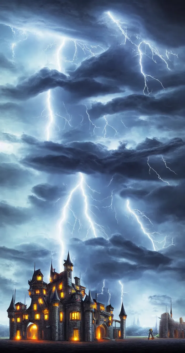 Prompt: realistic photo of lightening strike on futuristic castle, sharp focus, wide angle shot, in the style of greg rutswoski, very hyper realistic, highly detailed, fantasy art station