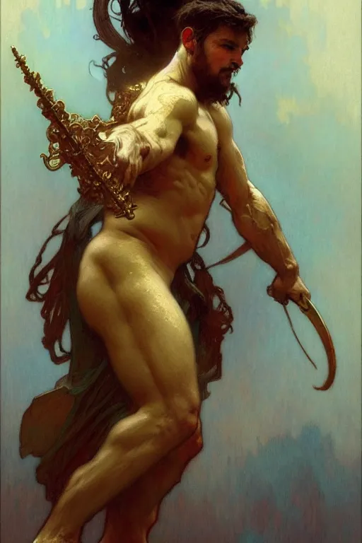 Prompt: god of music, male character design, painting by gaston bussiere, craig mullins, greg rutkowski, alphonse mucha, trending on artstation