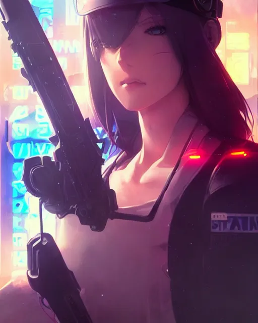 Image similar to anime key visual of a young female police officer, neon, cyberpunk, futuristic, stunning, highly detailed, digital painting, artstation, smooth, soft focus, illustration, art by artgerm and greg rutkowski and alphonse mucha