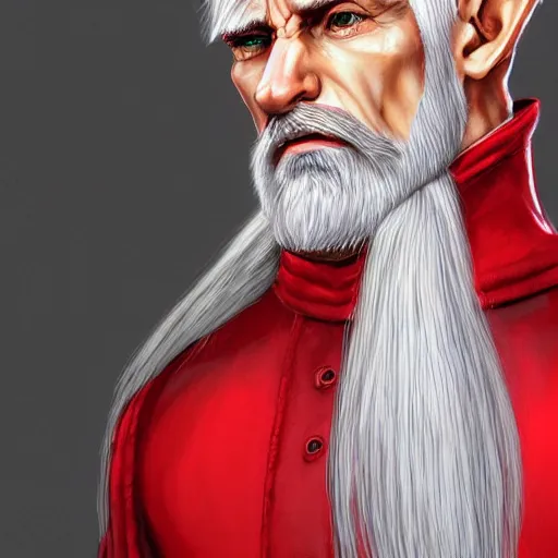 Image similar to a highly detailed portrait of a middle aged male elf with white hair and a very short beard, in red clothes, artstation, deviantart, professional, photorealistic