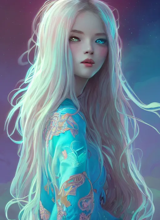 Image similar to beautiful girl with long turqoise hair, cute, intricate, highly detailed, digital painting, trending on artstation, concept art, smooth, sharp focus, backlit, rim light, vivid colors, illustration, unreal engine 5, 8 k, art by rossdraws and alphonse mucha