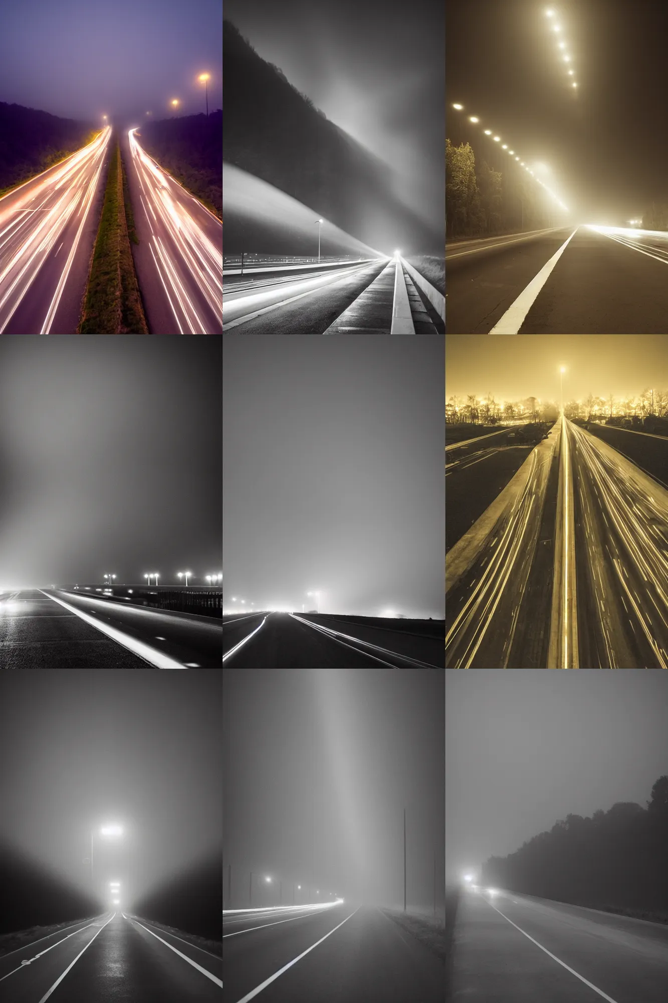 Prompt: long highway, lit by street lights, dark, night, fog, award winning photography