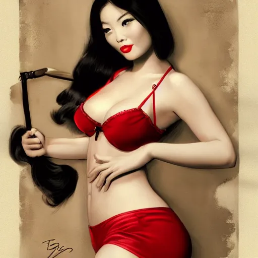 Prompt: pin - up portrait of a beautiful young mulan, pretty long hair, traditional lingerie, ad for lingerie, cherry blossoms, intense flirting, showing curves, symmetrical face, digital art, smooth, extremely detailed, model pose, by wu bayard, by gil elvgren, by ralph horsley, by hanks steve