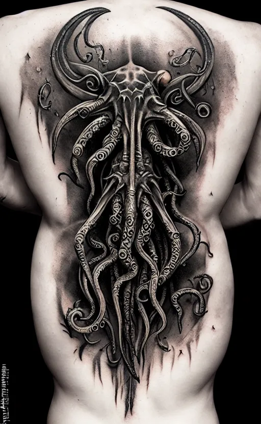 Image similar to photo of a back tattoo, cthulhu by greg rutkowski, by giger, by maxim verehin