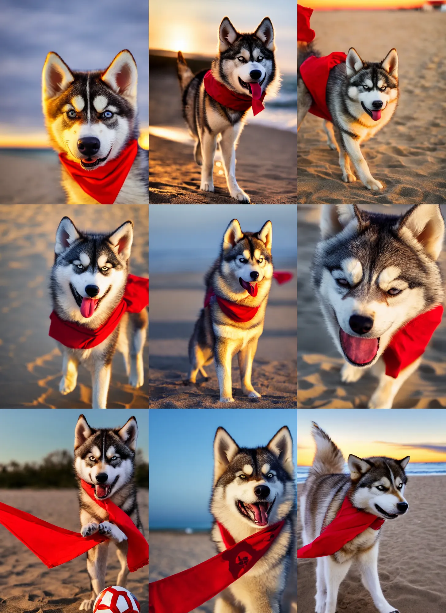 Prompt: close-up photo of a playful caramel husky wearing a red bandana playing soccer at the beach, golden hour, Breathtaking, 8k resolution, extremely detailed, beautiful, establishing shot, artistic