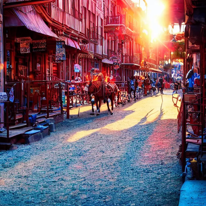 Image similar to a sunset light historical wild west village, duel between two cowboys, lots of sparkling details and sun ray's, blinding backlight, smoke, volumetric lighting, colorful, octane, 3 5 mm, saloon exterior, old town street, beautiful epic colored reflections, very colorful heavenly, softlight