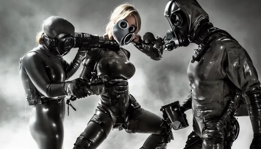 Prompt: big budget horror movie where a beautiful female cyborg in a gas mask and rubber suit fights a muscular man with a minigun