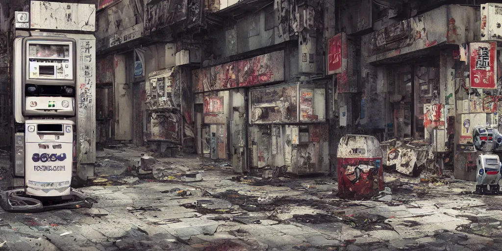 Image similar to a broken robot lying in a deserted shinjuku junk town, watercolor, ghost in the shell, soft bloom lighting, paper texture, bright sun bleached ground, vending machine, robot lurks in the background, koji morimoto, katsuya terada, genius party, animatronic, black smoke, pale, beige sky pencil marks, hd, 4k, remaster, dynamic camera angle, fish eye, dynamic scene