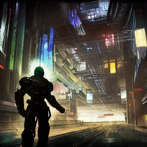 Prompt: rts cyberpunk destiny in an underground city. Atmospheric and ominous lighting by Joe McNally