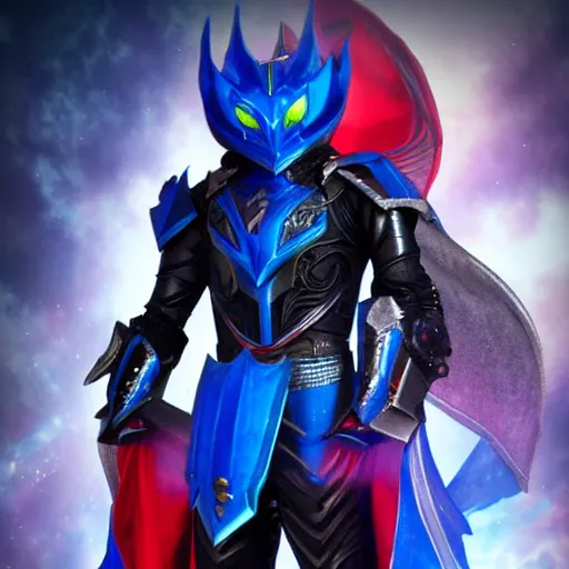 Image similar to High Fantasy Kamen Rider, blue armor with red secondary color, 4k, glowing eyes, daytime, dark grey rubber undersuit, dragon inspired armor