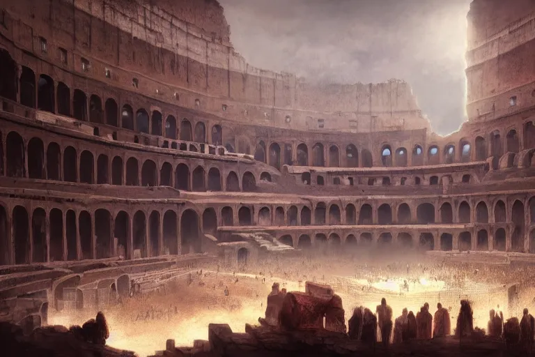 Prompt: Colosseum interior in the 1700s with two fighters in the middle and crowds cheering in yemen by greg rutkowski and Craig Mullins, Dark atmospheric sad and cinematic lighting, Trending on artstation