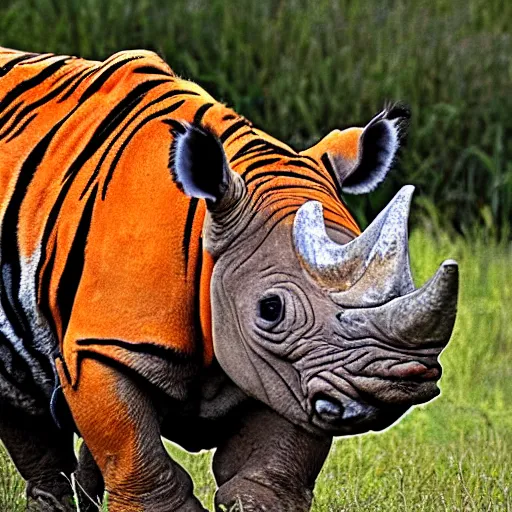 Prompt: a hairy rhino with the colours of a tiger.
