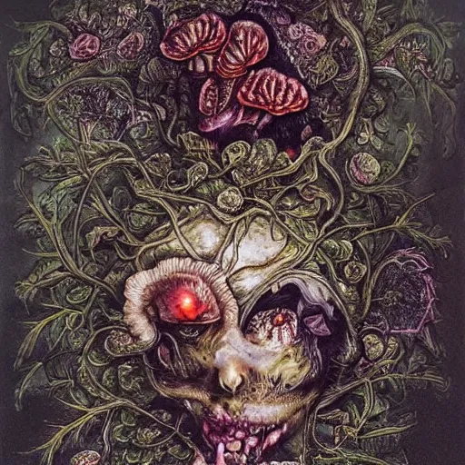 Image similar to a beautiful detailed rococo 8 0's photo of a rotten woman corpse with face muscles, veins, arteries, fractal plants and fractal flowers and mushrooms growing around, intricate, ornate, volumetric light, beautiful lit, beetlejuice