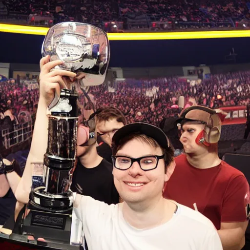 Prompt: Dwight Shrute winning a major E-Sports CS:GO tournament in a stadium in front of a crowd, lifting the trophy, 4k image