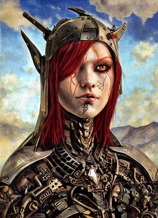 Prompt: symmetry! closeup biblical diabolical pirate cyborg girl! stylish armor, heavy eyes to the side, closeup, bright glowing eyes, in clouds, rain, sunset, portrait, by gerald brom, by mikhail vrubel, by peter elson, muted colors, extreme detail, mirrors, trending on artstation, 8 k