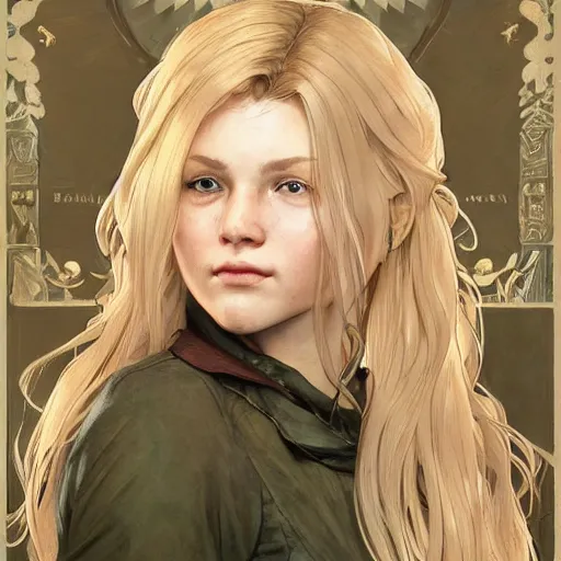 Image similar to Blonde Ellie from TLOU, highly detailed, digital painting, artstation, concept art, smooth, sharp focus, illustration, ArtStation, art by artgerm and greg rutkowski and alphonse mucha and J. C. Leyendecker and Edmund Blair Leighton and Katsuhiro Otomo and Geof Darrow and Phil hale and Ashley wood and Ilya repin and Charlie Bowater