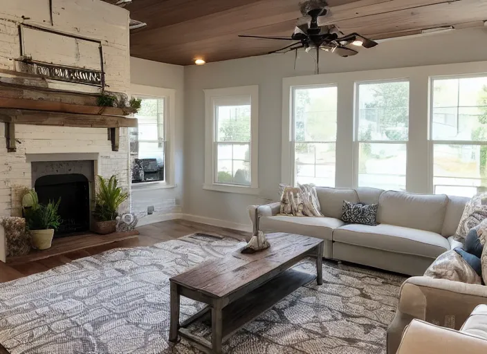 Prompt: remodeled family room by joanna gaines