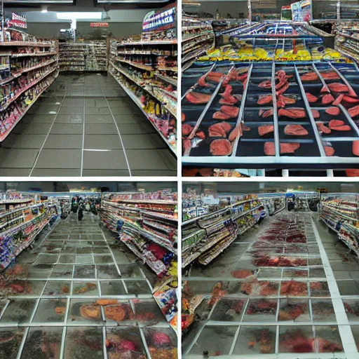 Prompt: top down picture of a supermarket after a zombie attack, top down perspecrive