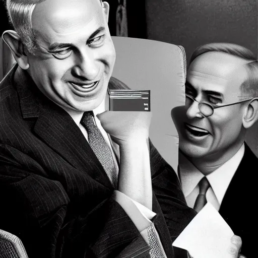 Prompt: benjamin netanyahu laughing and pointing at computer monitor, in office, by norman rockwell