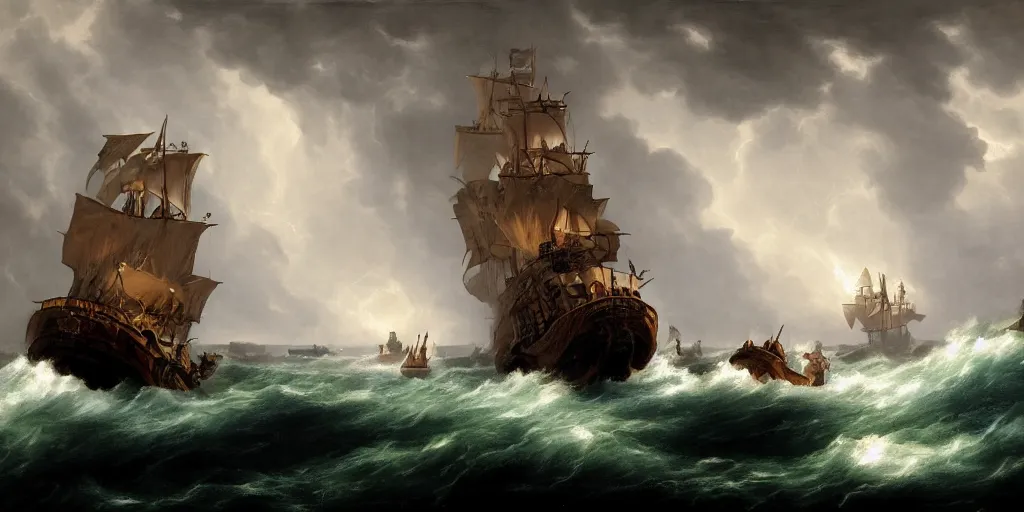 Prompt: two pirate ships locked in a furious cannon battle sailing through a powerful lighting storm, cliffs can be seen in the background, in the style of hudson river school, trending on art station, done in all blues