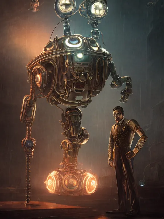 Image similar to portrait of a metallic robot from bioshock infinite, art by ryo shiotani and greg rutkowski, intricate, beautiful, cute, cinematic lighting, vintage art by serge ivanoff, high resolution, very detailed