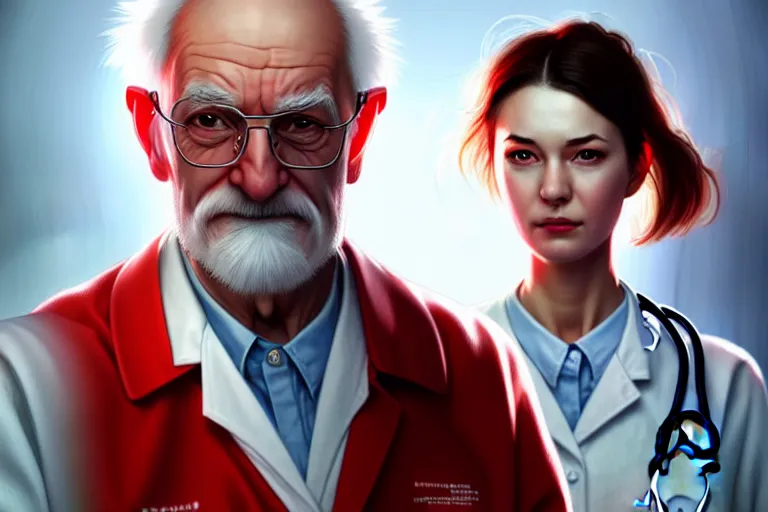 Prompt: a cute female doctor in a white coat, an old man with red t - shirt, cinematic, highly detailed, digital painting, artstation, concept art, matte, sharp focus, illustration, art by artgerm and greg rutkowski