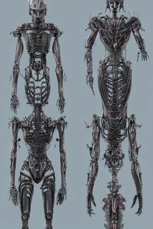 Image similar to andriod orisha god with gunmetal grey skin, medical anatomy, very symmetrical face, highly detailed, japanese mecha, three - perspective / three - view reference sheet ( front / back / side ), in the style of dan ouellette, dren from splice, hr giger, sil from species, artstation, unreal engine