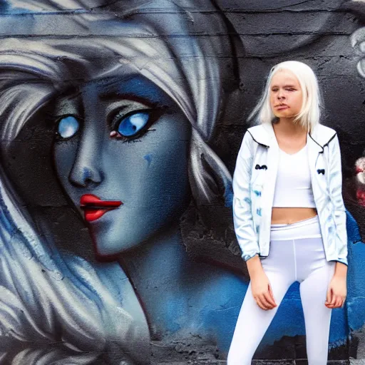 Image similar to platinum - blonde - haired hime - cut blue - eyed 1 9 - year - old nordic princess wearing white leggings and black jacket, adoring communist mural on wall, post - revolutionary era, toulouse france