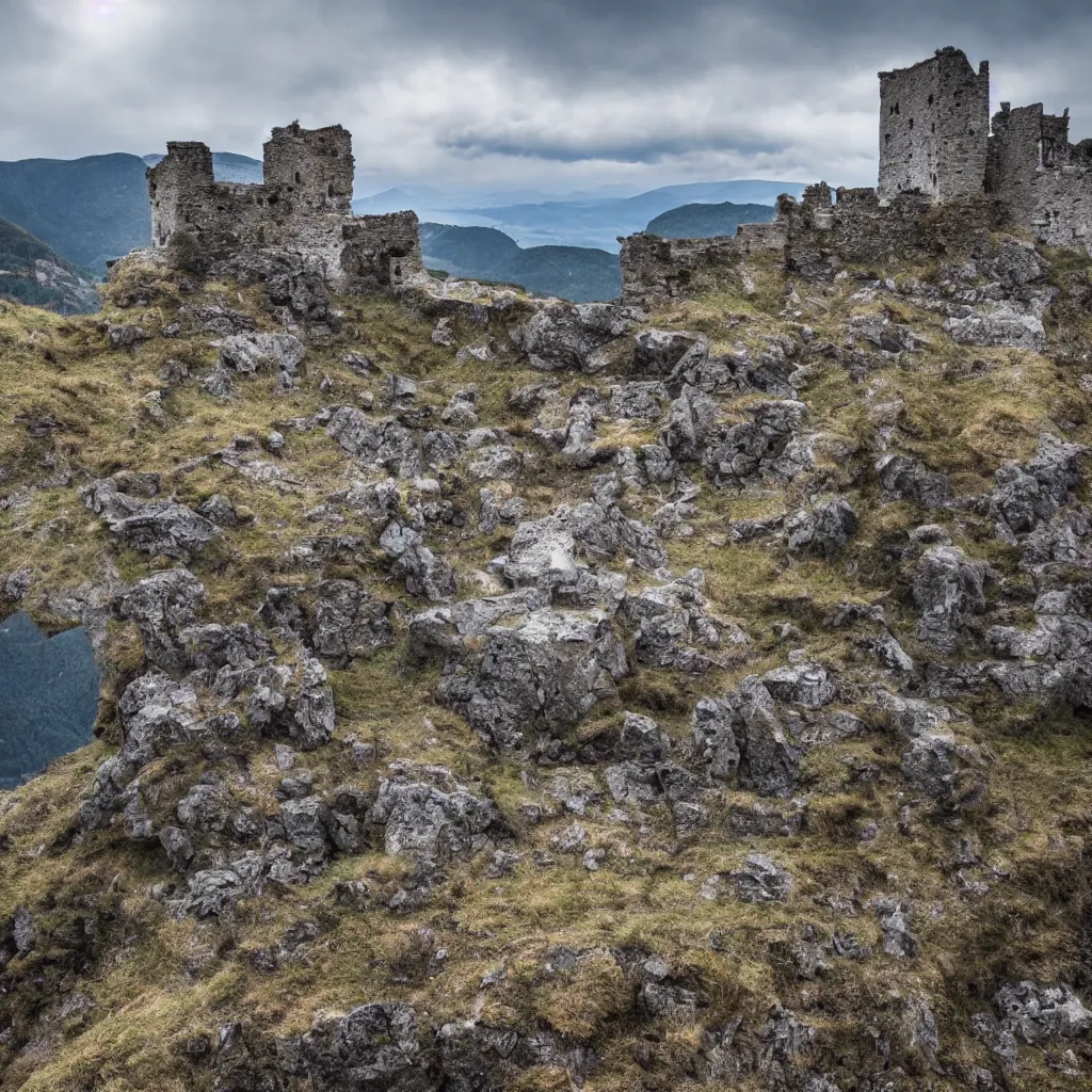 Image similar to photograph, a ruined castle on top of a big mountain, the photo was taken from very far away below the castke looking up at it, there are no other mountains around it, there is only sky in the background, day time, ambient lighting, exteme far up, ultra high detail, 8 k