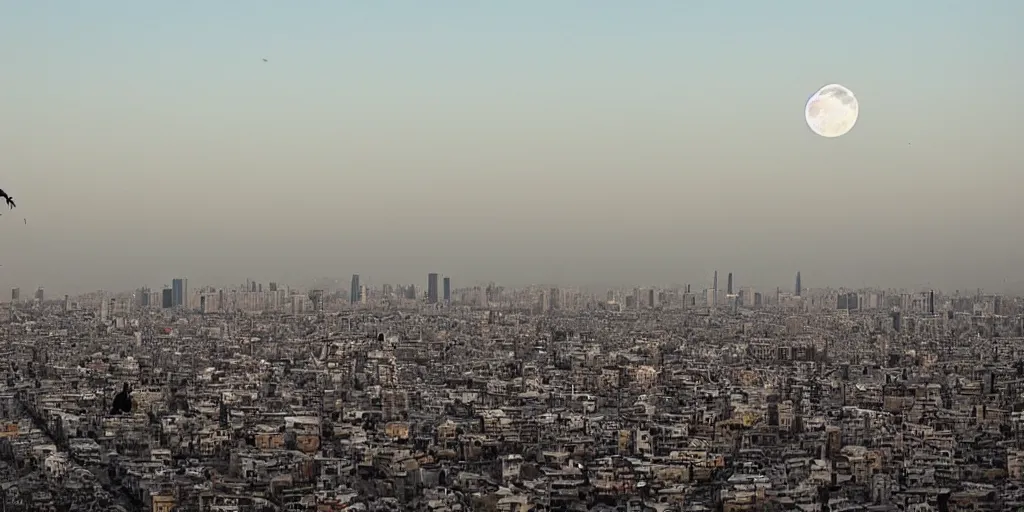 Image similar to tehran skyline in a winter night, full moon and a dragon in the sky