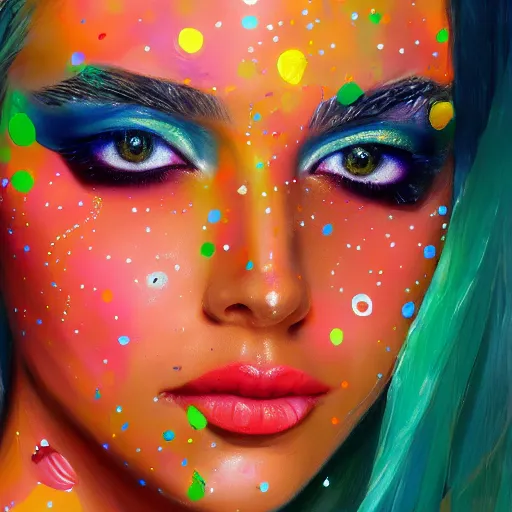 Image similar to beautiful face of girl in style spotty pointism, super bright colors, colored spots, mixed liquid acrylic, painting come to life, artstation, ultradetail