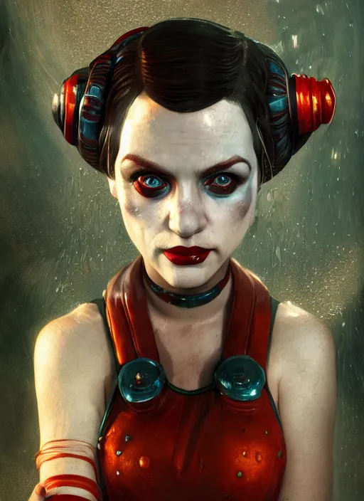 Image similar to underwater bioshock portrait of harley quinn, au naturel, hyper detailed, digital art, trending in artstation, cinematic lighting, studio quality, smooth render, unreal engine 5 rendered, octane rendered, art style by klimt and nixeu and ian sprigger and wlop and krenz cushart