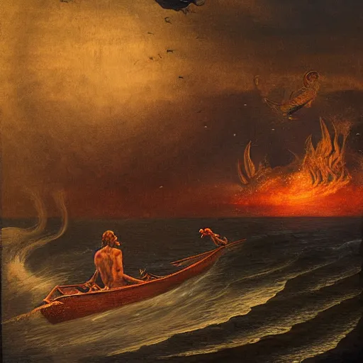 Image similar to man on boat crossing a body of water in hell with creatures in the water, sea of souls, by studio 4 c