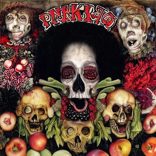 Image similar to punk album cover, blank horizontal banner on top, psychedelic, giuseppe arcimboldo